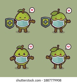 Cute fruits character mascot wearing medical mask. cute durian and guava vector design.