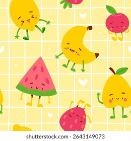 Cute fruits character pattern. Seamless vector print with doodle fruits and berries.