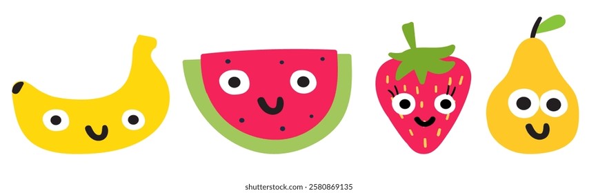 Cute fruits characters. Banana, melon, strawberry, pear. Hand drawn illustration on white background.