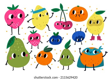 Cute fruits characters. Funny juicy lemons, pears and oranges with happy faces. Healthy nutrition products. Blueberry and citrus. Kids cartoon strawberry or cherry