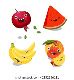 Cute fruits characters kawaii for kids. Vector flat cartoon illustration