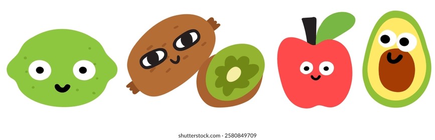 Cute fruits characters. Lime, avocado, apple, kiwi. Flat design. Cute art. hand drawn illustration on white background.