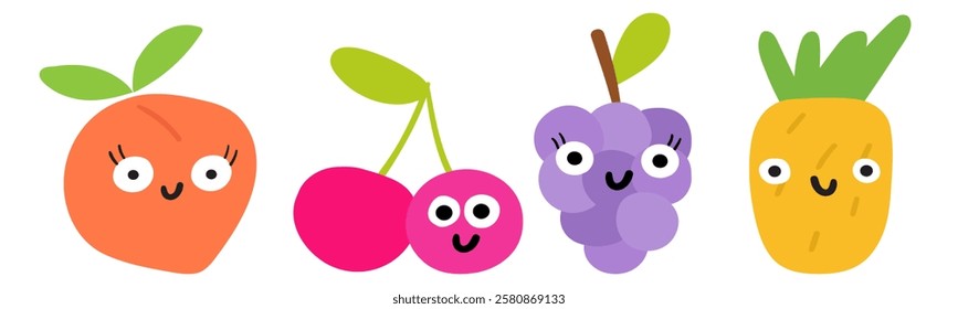 Cute fruits characters. Peach, grape, cherry, pineapple. Isolated cute icons. Flat vector design. Illustrations on white background.