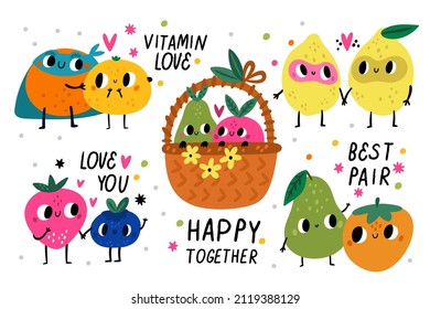 Cute fruits couples. Funny nature characters in love, comic plant products with faces, cartoon vegetable food with romantic text, apple and pear in basket, lemons and