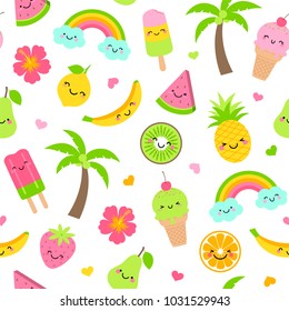 Cute fruits and desserts cartoon seamless pattern background