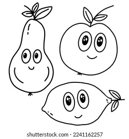 Cute fruits doodles line art. Apple, pear, lemon
