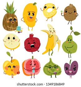 Cute fruits. Fruit funny characters pineapple kiwi banana pear apple diet fresh happy emoji natural healthy kids cartoon vector set