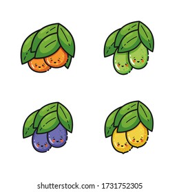 Cute fruits hanging from the branch, smiling. Adorable cartoon characters, line kawaii style, vector illustration