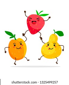 Cute fruits kawai apricot, pear, strawberry stand like a pyramid. Vector illustration of fruit for children and fun on a white background