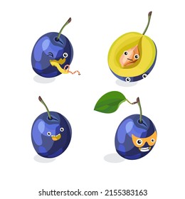Cute fruits kawaii characters vector set. Plum with face emoticons. Funny stickers, flat cartoon style