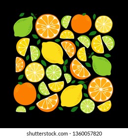 Cute Fruits Lemon, Lime and Orange background in vivid tasty colors, can be used for retro Citrus Delight Bridal Shower theme party, Mocktail Bar Menu, Detox Cocktails Night party etc