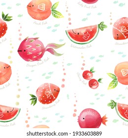 Cute Fruits mix Fish characters. Cartoon doodle illustration seamless pattern for kids apparel, fabric, wrapping paper. watercolour style.