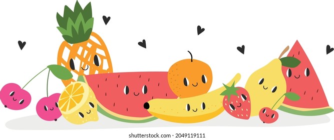 Cute fruits. Natural tropical fruit, doodles citrus orange and vitamin lemon. Vegan kitchen apple hand drawn, organic fruits or vegetarian food. vector isolated icons illustration se