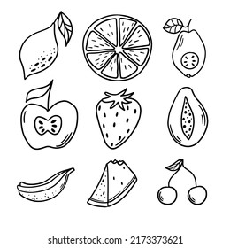 Cute fruits nd berries set in Doodle style. Isolated Vector illustration.
