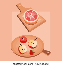 Cute fruits on cutting board illustration