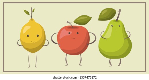 Cute fruits on cute flat style. Vector illustration.