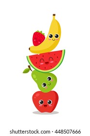 Cute fruits piled, cute fruits piled, making a column. Vector illustration