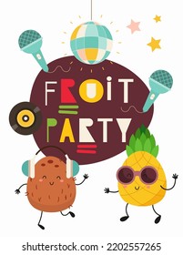 Afiche de diseño de vivero con piña y coco de frutas frescas. Ilustración vectorial. Ilustración infantil para ropa de bebé, tarjeta de saludo, papel de envoltura. Dejando fiesta de frutas.