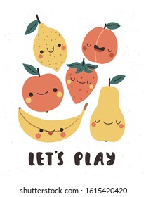 Cute fruits poster template with banana, lemon, strawberry, lemon, pear, apple, peach with funny faces. Vector poster or card template for nursery room decor, children party and baby showers