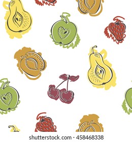 Cute fruits seamless background. Set beautiful painted funny fruits pattern