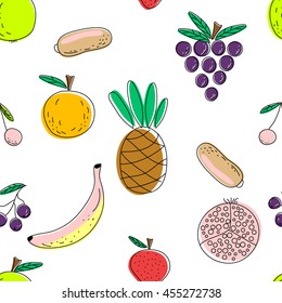 Cute fruits seamless pattern hand drawn style on white background. 