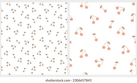 Cute Fruits Seamless Vector Patterns. Red and Light Brown Cherries Isolated on a White Background. Lovely Nursery Art Ideal for Fabric, Textile, Wrapping Paper. Funny Fruits Print.