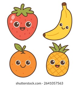 Cute Fruits Set Cartoon Vector Illustration, Strawberry, Banana, Orange And Pineapple