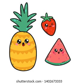 Cute fruits set in Japan kawaii style. Happy strawberry, watermelon and pineapple cartoon characters with funny faces isolated on white background.