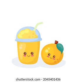 Cute fruits smoothie in plastic cup with straw. Vector kawaii summer drink. Cartoon kids illustration isolated on white background. Healthy orange fruit smoothie. Funny citrus milkshake with foam.