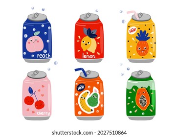 Cute fruits soda cans. Funny graphic. Vector hand drawn illustation.