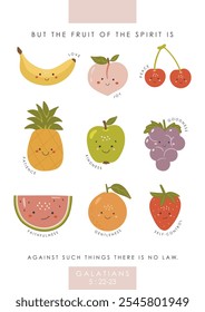 Belas frutas do espírito, ilustração de frutas educacionais, material educacional, crianças vetor, ilustração do jardim de infância, cartaz da sala de aula, vetor cristão, projeto pré-escolar, vetor bíblico