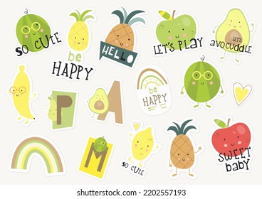 Cute Fruits Stickers Set. Coconut, strawberry, pear, pineapple, watermelon, avocado, banana. Smiling face. Vector illustration