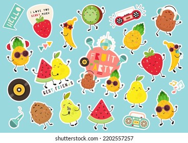 Cute Fruits Stickers Set. Coconut, strawberry, pear, pineapple, watermelon, kiwi, banana. Smiling face. Vector illustration