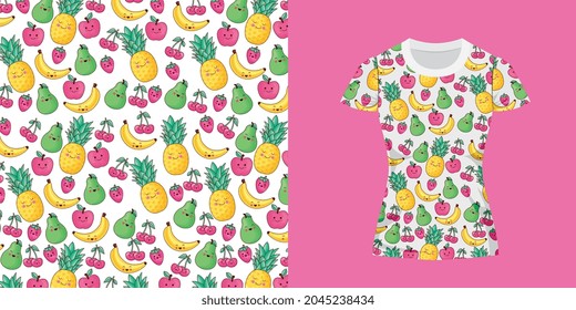 cute fruits t-shirt and pattern background design .vector illustration