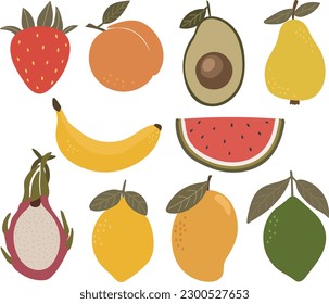 Cute-Früchte-Vektorset, Abstrakte Früchte, Sommerfrüchte, Kindergrafik
