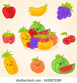 Cute fruits vector set. Apple, banana, grape, strawberry, cherry, pineapple, orange and watermelon.