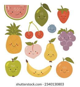 Cute fruits vector set, Fruits with face, Happy fruits vector set, Summer fruits with eyes, Kids funny illustration