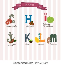 Cute fruits and veg alphabet in vector.g,h,i,j,k,l,m letters. Funny cartoon plants 
