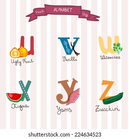 Cute fruits and veg alphabet in vector.U,V,W,X,Y,Z letters. Funny cartoon plants 