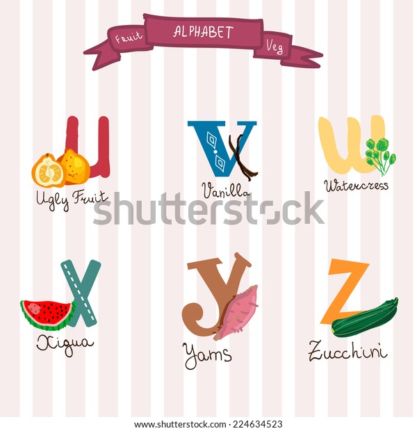 Cute Fruits Veg Alphabet Vectoruvwxyz Letters Stock Vector Royalty Free