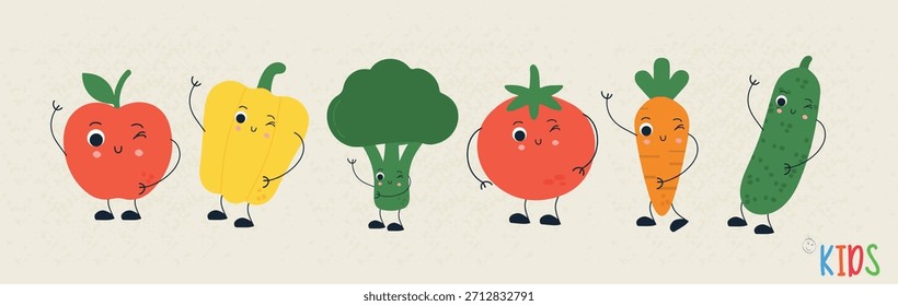 Personajes de frutas y verduras lindas planas, perfectas para materiales infantiles, proyectos educativos, carteles, empaques. Ilustración vectorial