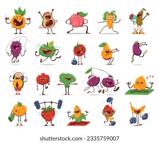 Cute fruits and vegetables doing fitness exercises vector cartoon characters set isolated on a white background.