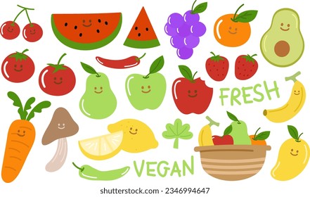 Frutas y verduras cutáneas como cereza, sandía, uva, naranja, fresa, aguacate, mango, pera, limón, manzana, banana, zanahoria, champiñón, chile y cesta de frutas para el logotipo, icono, pegatina, tatuaje