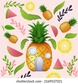 CUTE FRUITS watermelon and pineapple  with leaves