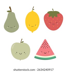 Cute fruits, watermelon, strawberry, lemon and pear, apple. Children's set. Vector illustration on a white background.