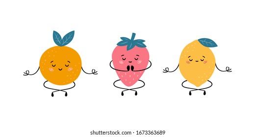 Cute fruits in yoga pose. Orange, strawberry and lemon practicing yoga and meditates. Funny vector cartoon characters isolated on white background