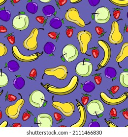 Cute fruity seamless pattern. Bananas, strawberries, pears, apples, plums are randomly arranged on a light purple background. Hand drawing. Vector.