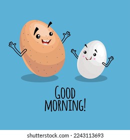 La fritura dulce con huevos cocidos sonriendo. Buenos días personajes. Plantilla de tarjeta y banner. Ilustración vectorial.