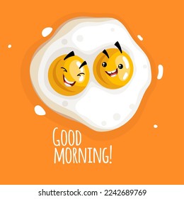 Cute frying double-eyed eggs smiling. Good morning characters. Card and banner template. Vector illustration.