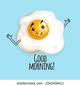 Cute frying egg smiling. Good morning character. Card and banner template. Vector illustration.